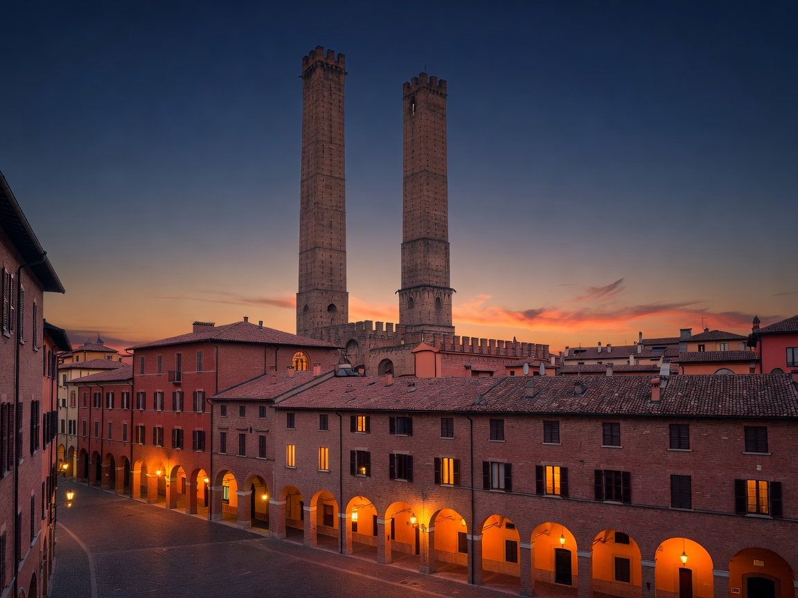 The Two Towers of Bologna at dusk rising above red-brick buildings and lit porticoes