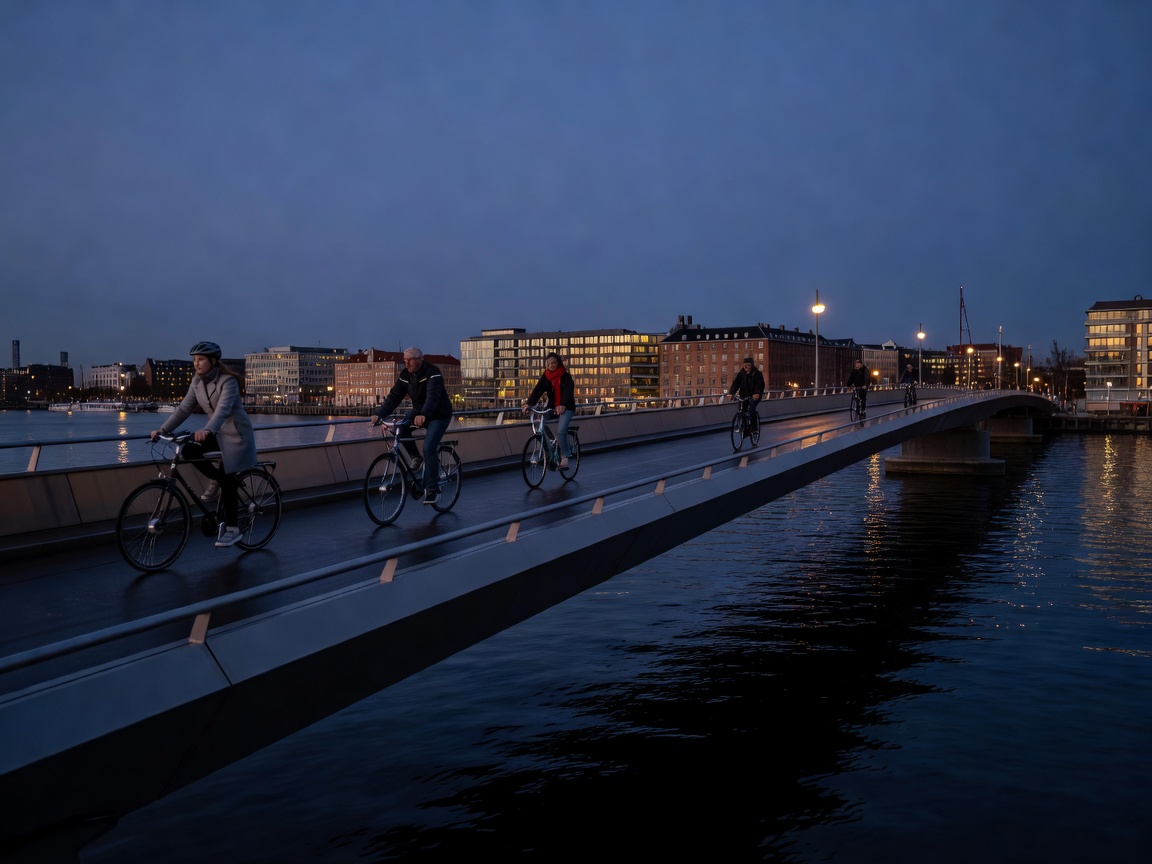 A cycling bridge over Copenhagen harbour at dusk with cyclists and warm city lights reflected on dark water
