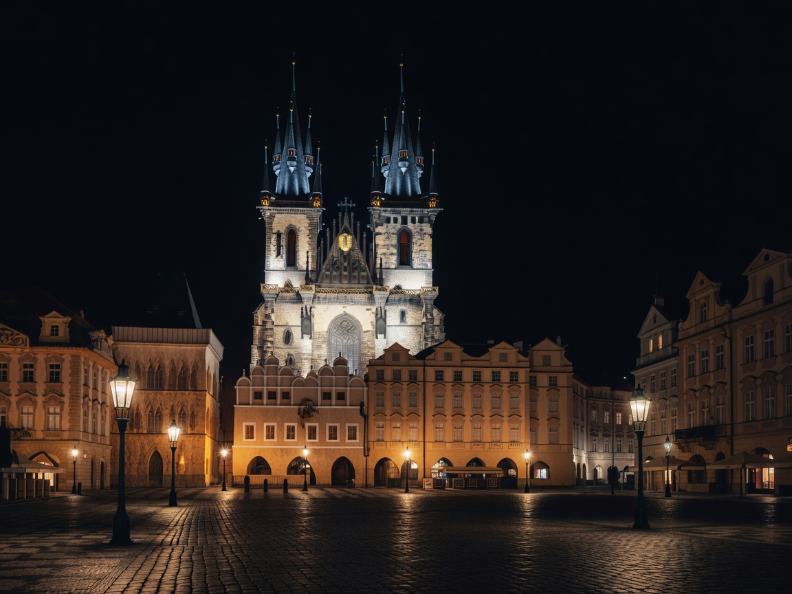Prague Old Town Square at night with the Týn Church spires lit against a dark sky
