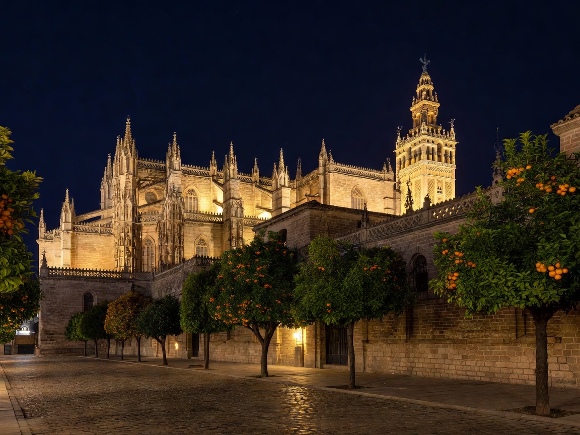 Seville Cathedral and the Giralda tower floodlit at night above a quiet orange-tree lined street