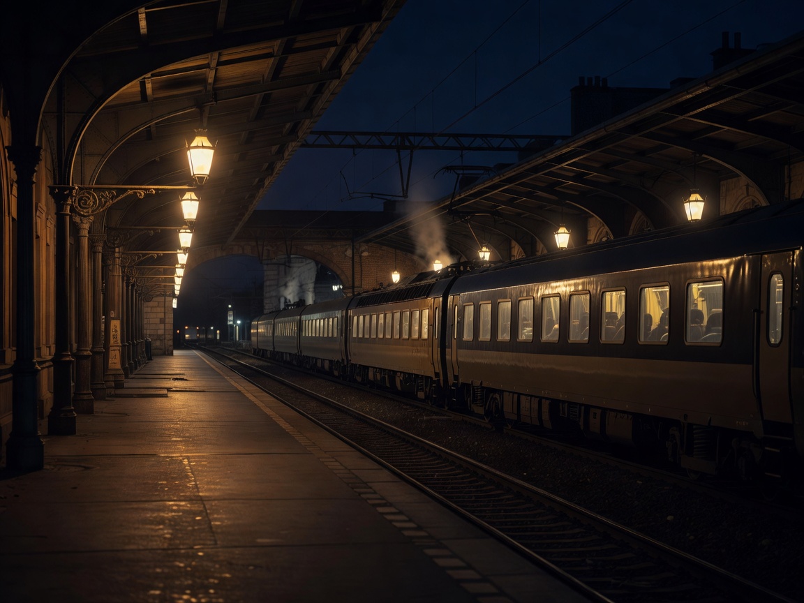 A European railway station platform at night with a long-distance train waiting under warm platform lights