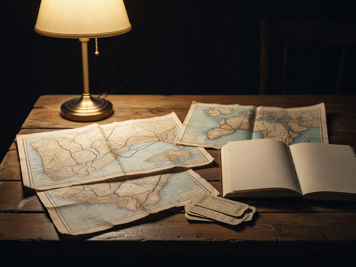 A wooden desk at night with paper maps, a notebook and train tickets under a warm reading lamp